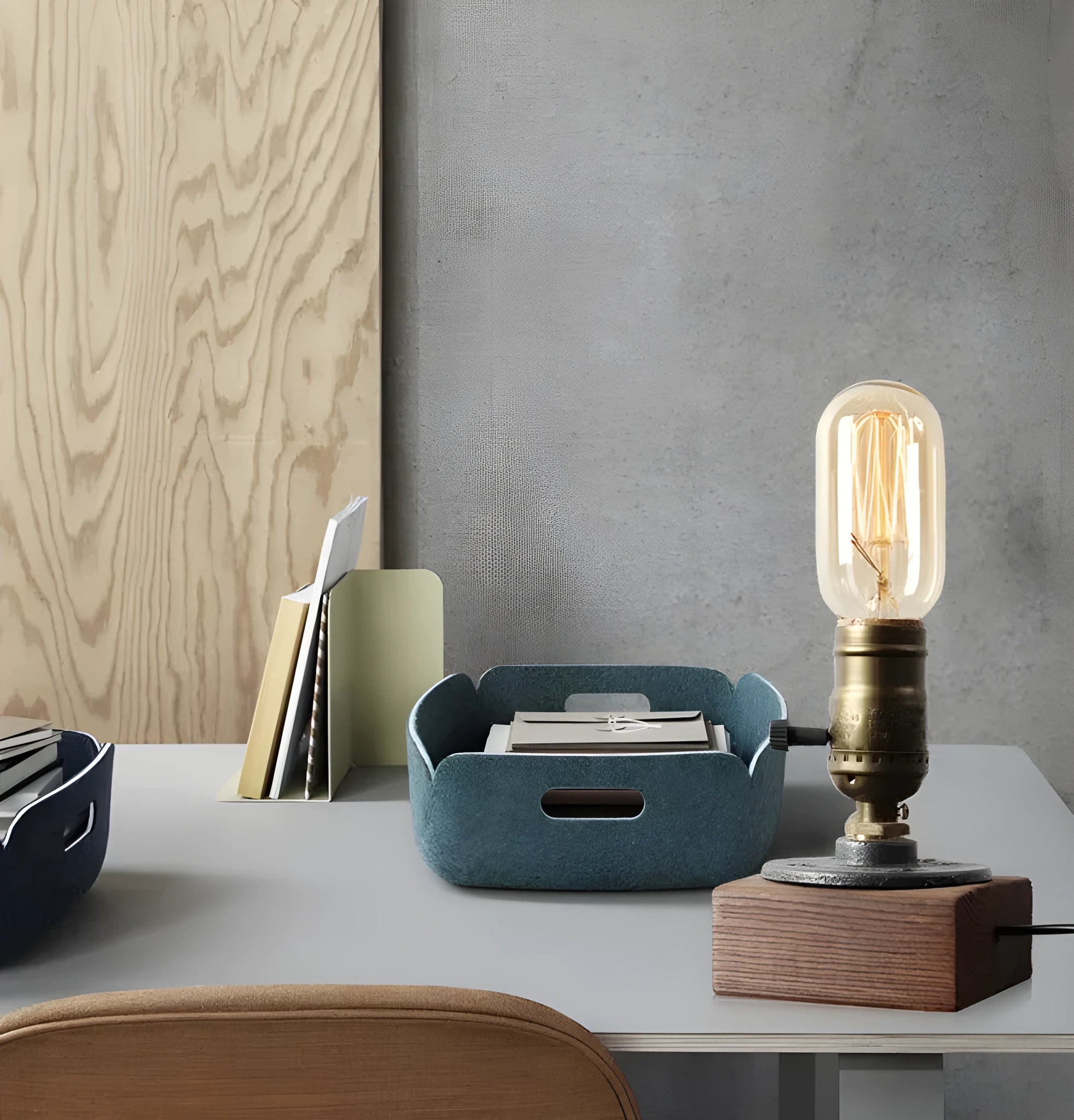Water pipe design table lamp with wood and iron construction measuring 9 cm wide by 13 cm high