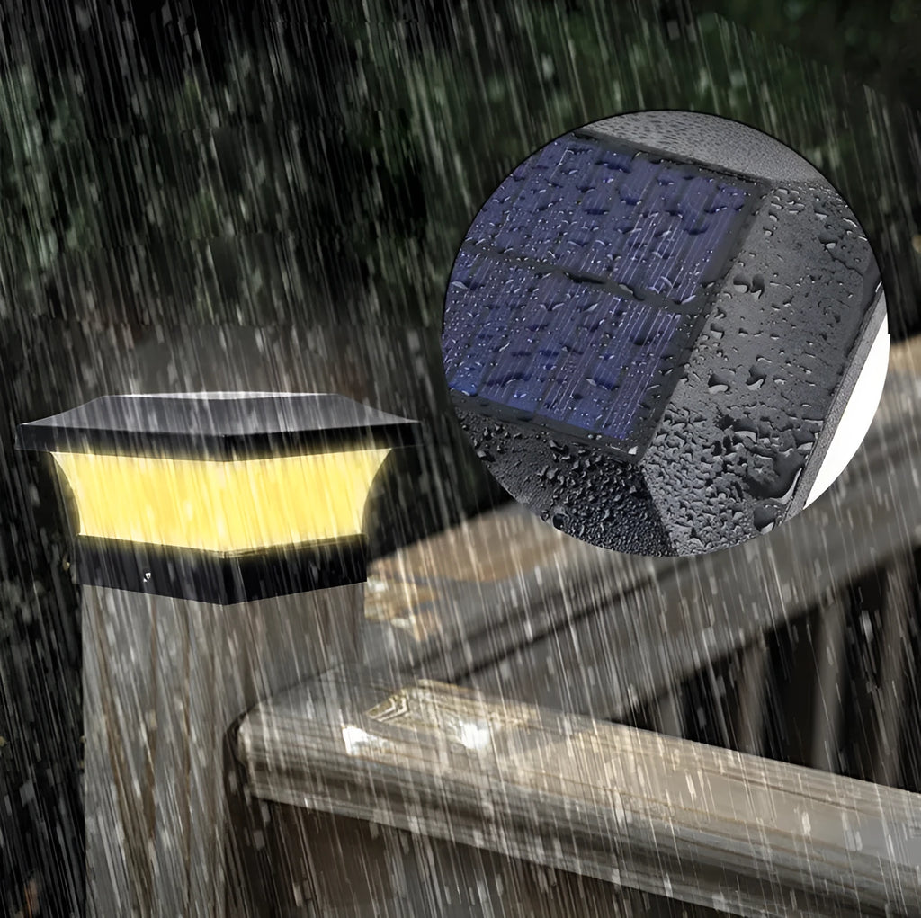 Compact solar garden LED landscape light with ground spike in garden setting