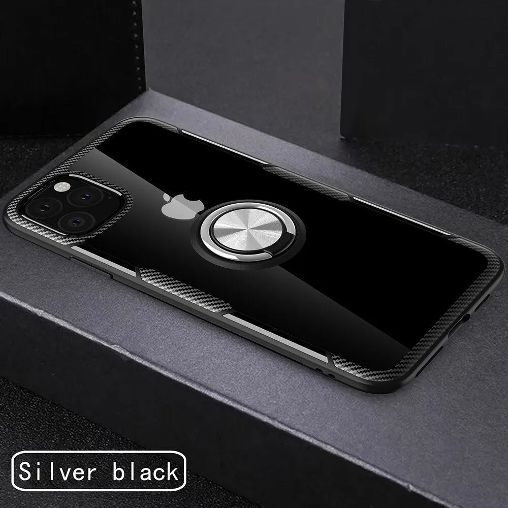 Black PU back cover case for iPhone 11 Pro Max on a dark background