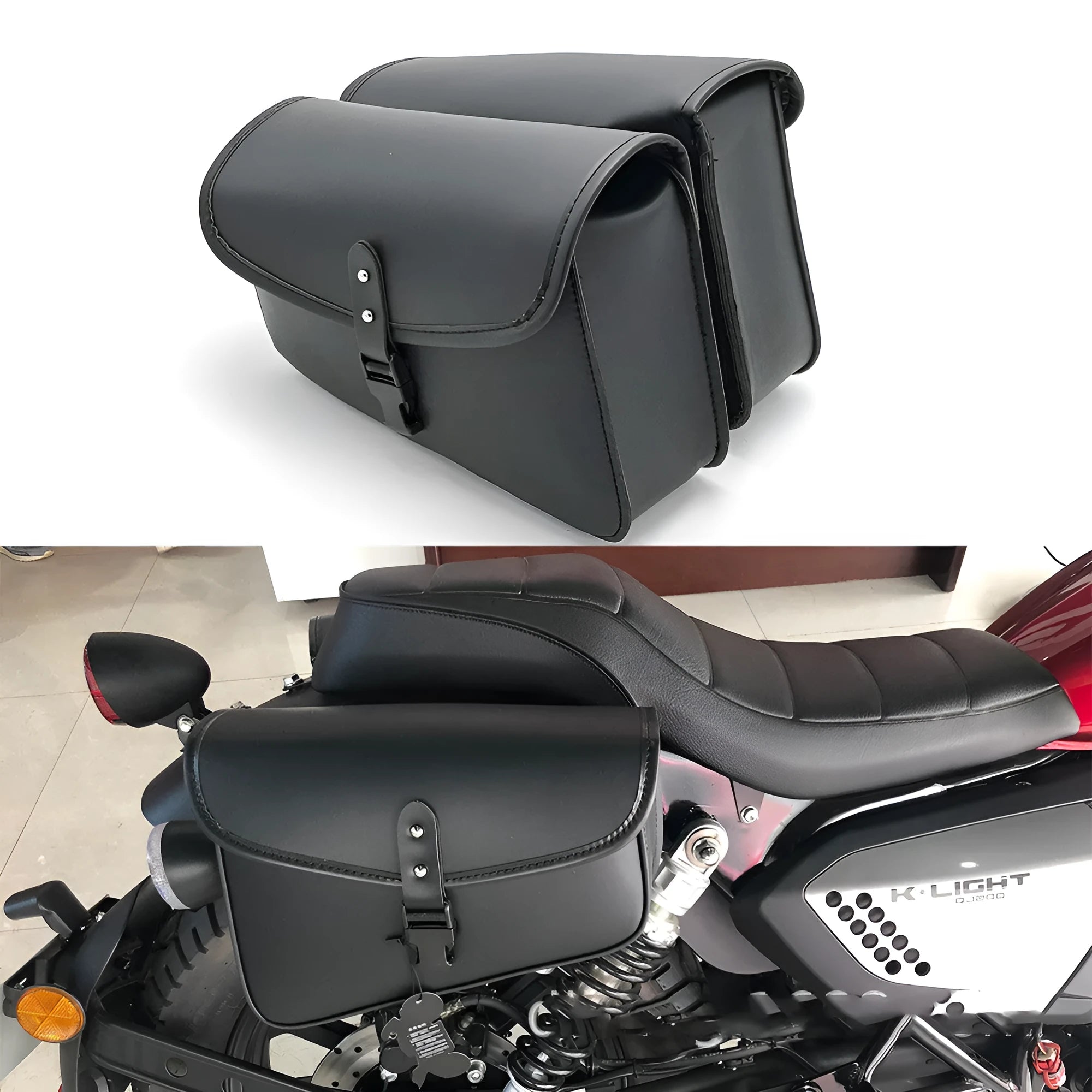 Black PU leather motorcycle swingarm saddlebag for Sportster models showing mounting position