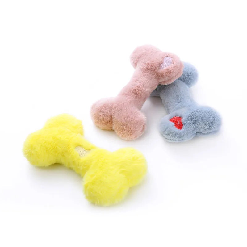 Blue plush bone dog toy with BB sound device for bite-resistant interactive play