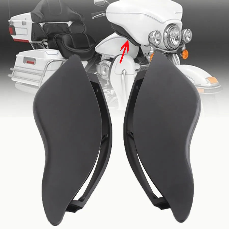 Set of two smoked ABS plastic side wings for a Harley three-wheel motorcycle windshield.