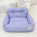 Grey and blue plaid cloth dog nest for car travel, shown in small and large sizes.