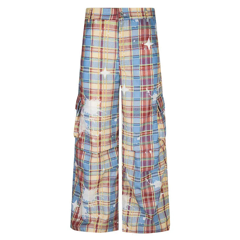 Men's blue and yellow tartan check loose fit straight leg casual overalls