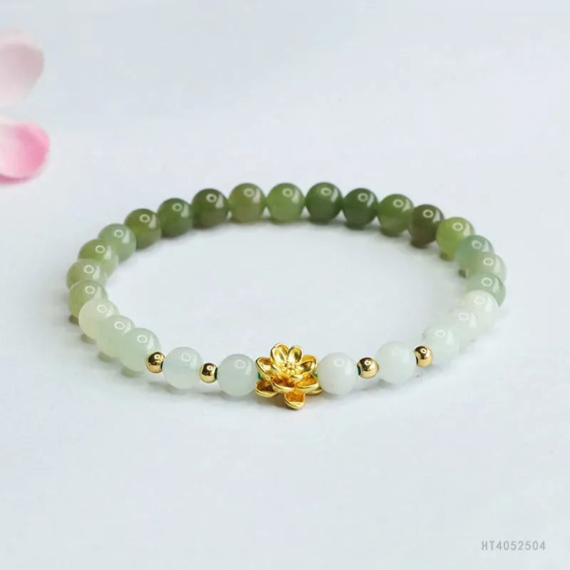 Hand-woven ancient style bracelet with Hetian jade water gradient colour and flower shape.