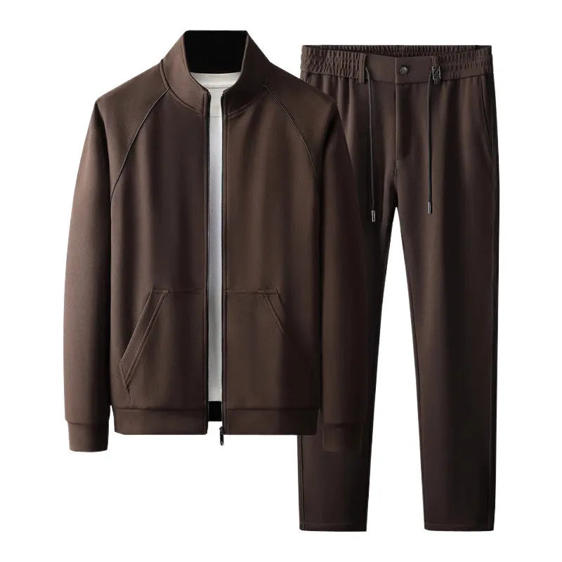 Men's slim fit sports suit with stand collar jacket and matching trousers in vinylon fabric