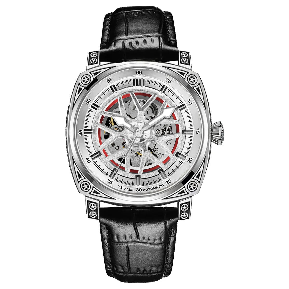 Men's automatic watch with stainless steel case and blue leather strap