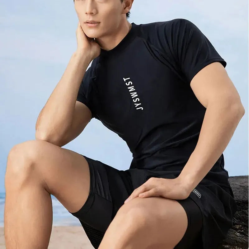 Men's patterned polyester swimsuit set on a mannequin, showing the top and trousers.