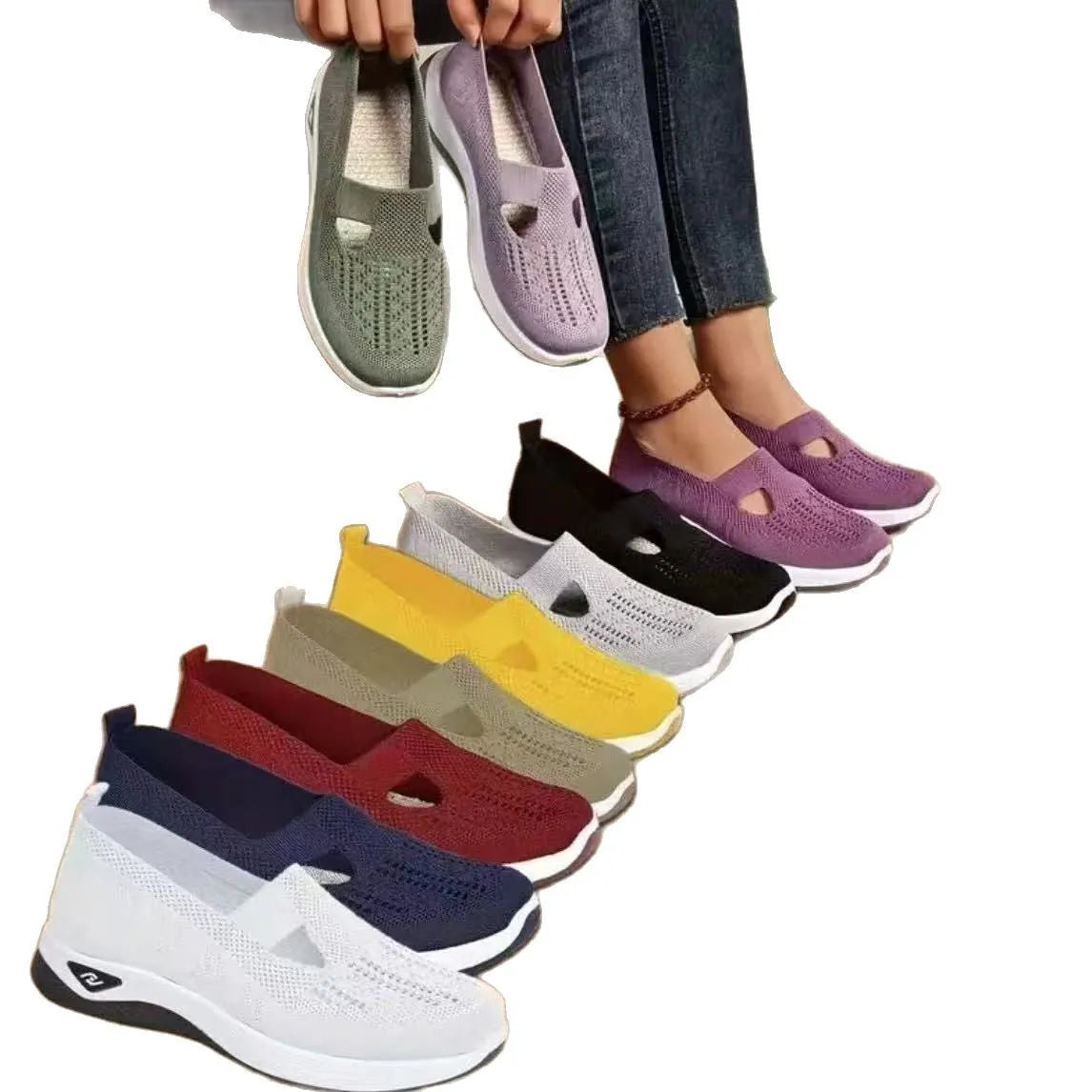 Women's solid colour mesh T-strap casual shoes with flat heel and round toe.