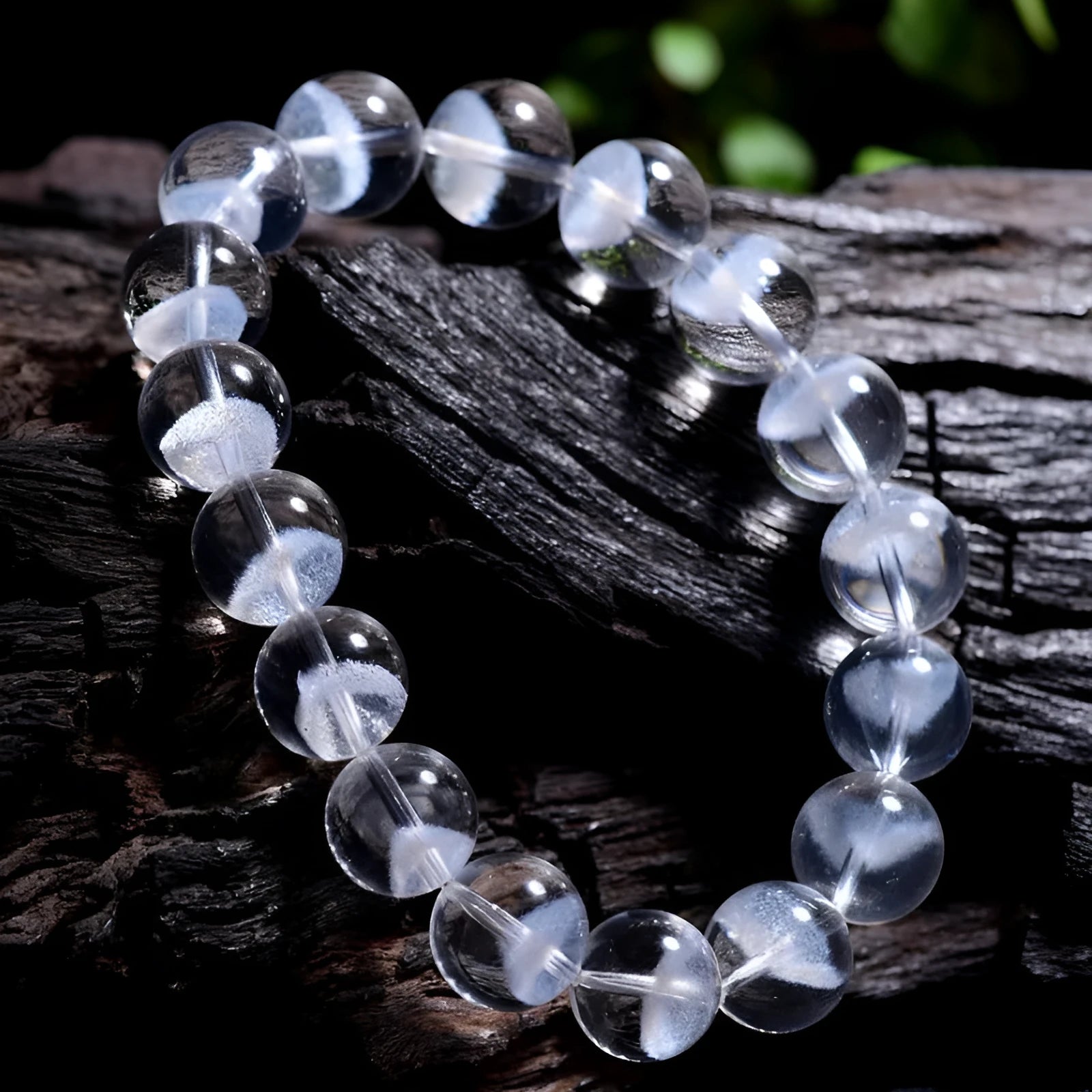 Women's white crystal bracelet with a pyramid charm and Ruyi symbol, showing different bead size options.