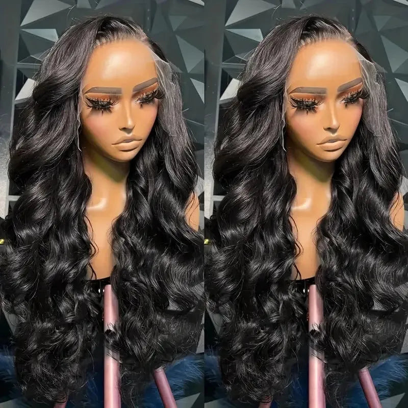 Black medium length curly synthetic wig showing defined wave pattern and full-head coverage