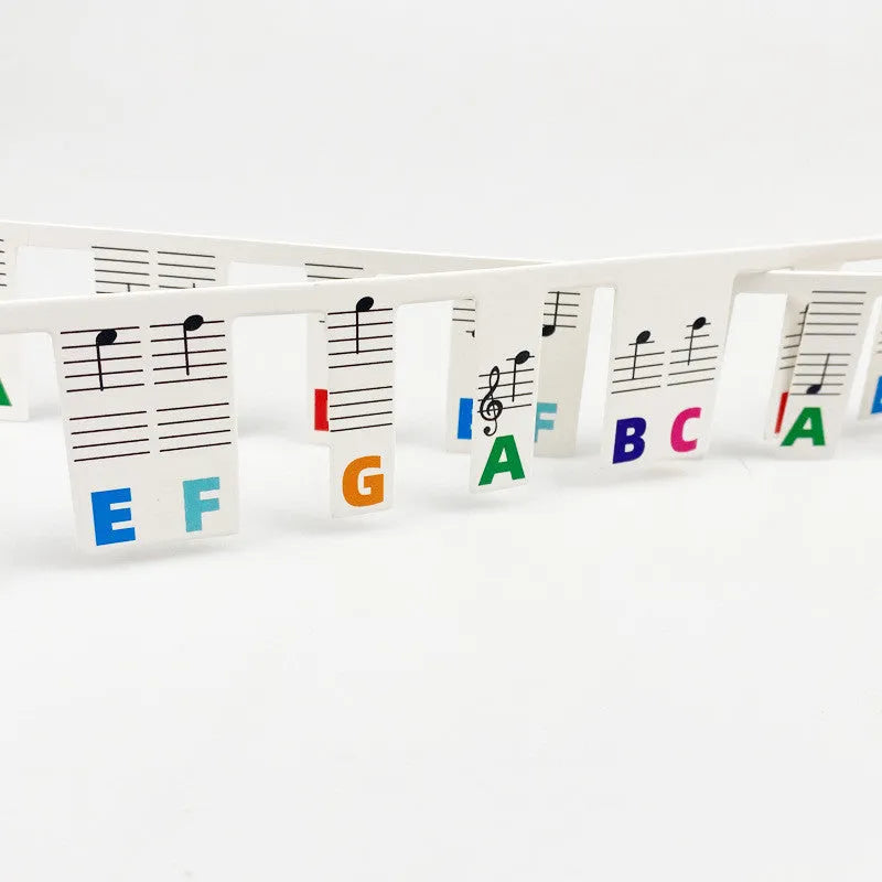 Set of white cardboard piano keyboard stickers showing colour note bars and black letter labels for 88 keys.