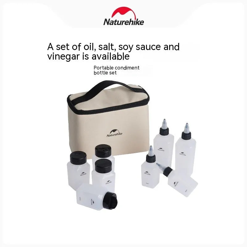 Naturehike six-piece portable plastic seasoning bottle set for outdoor picnics and camping.