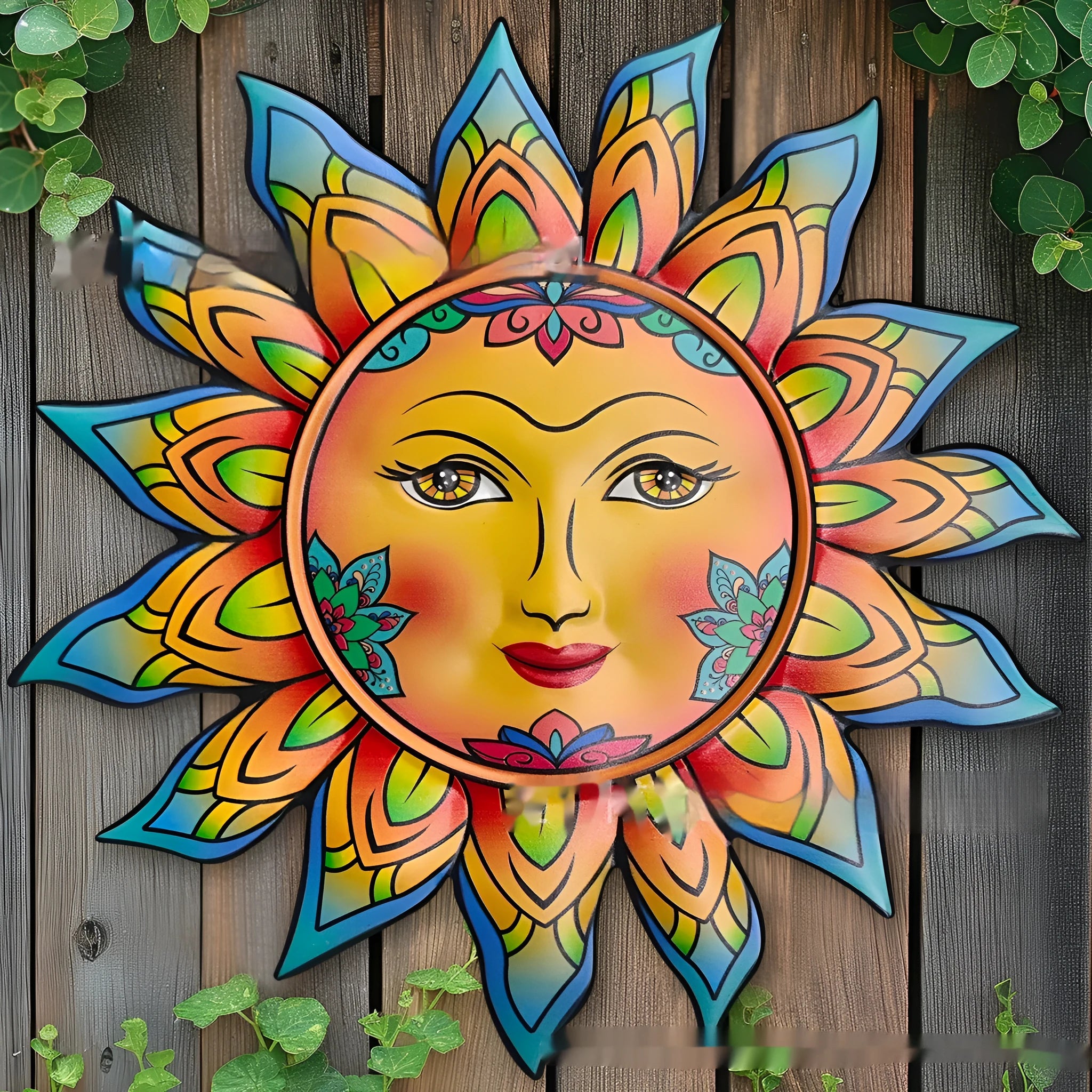Iron sun face metal wall hanging decorative artwork for garden or indoor walls.