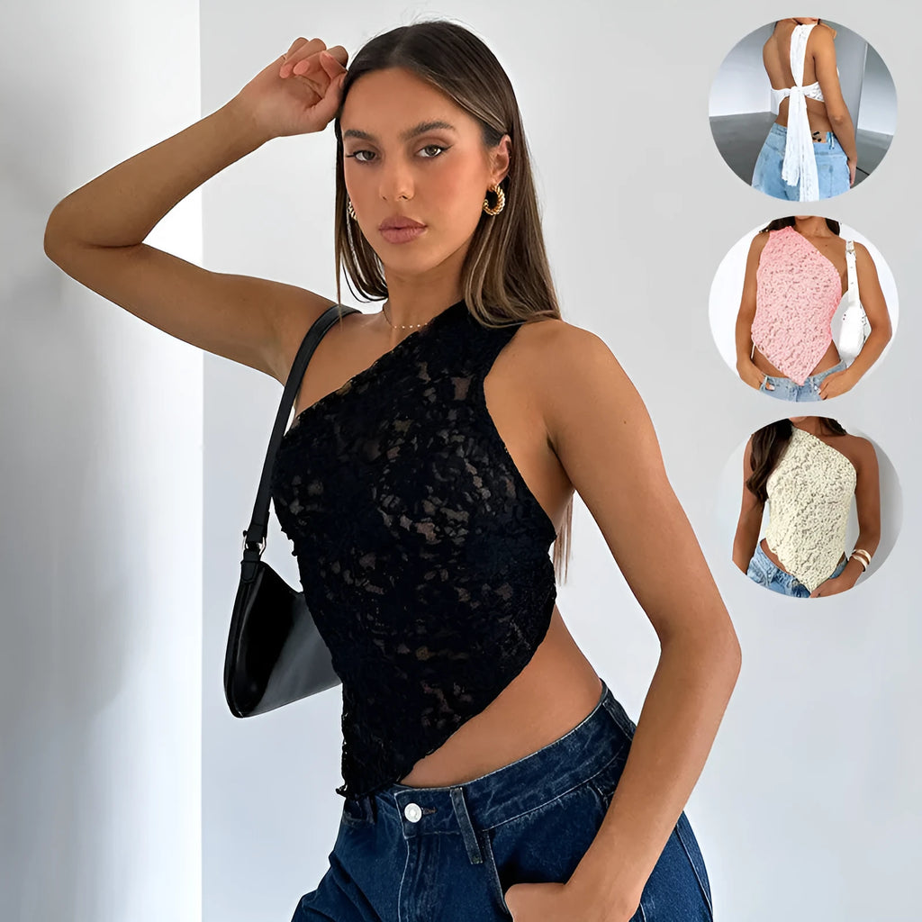 Women's sleeveless lace backless vest top with asymmetrical neckline in solid colour