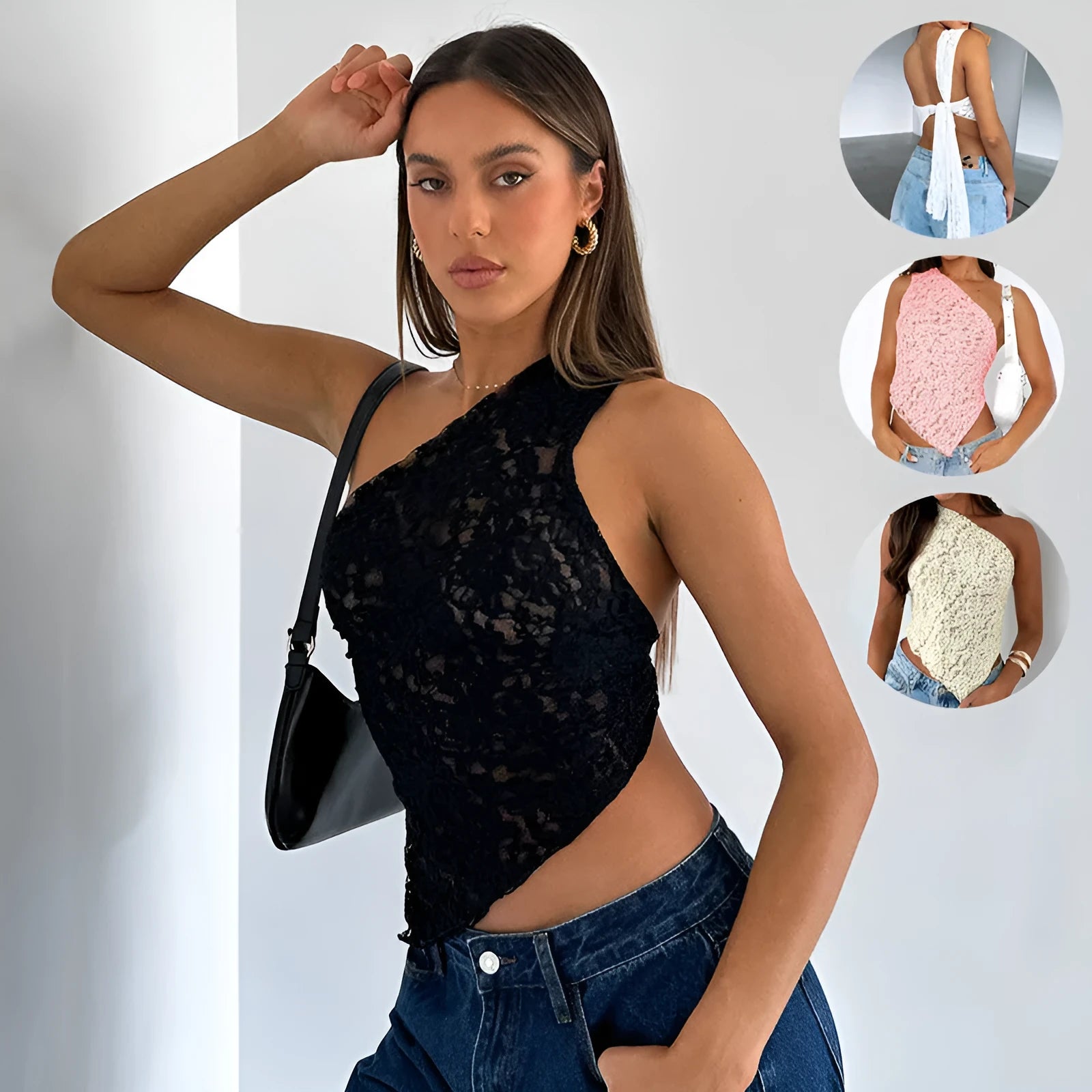 Women's sleeveless lace backless vest top with asymmetrical neckline in solid colour