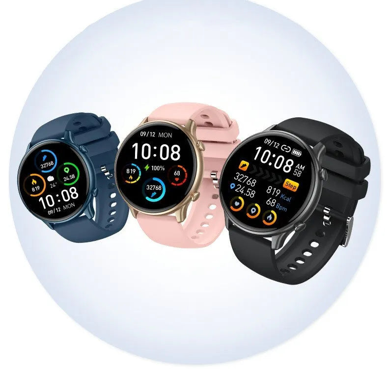 Round smart sports watch with black silicone strap showing heart rate data on touch screen.