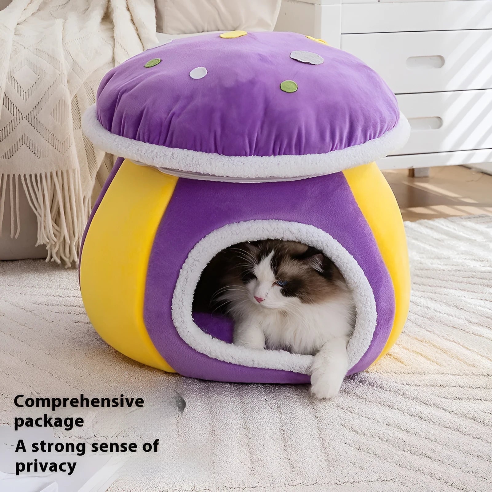 Grey mushroom-shaped plush cat nest with a canopy, shown detached to reveal its warm lining.