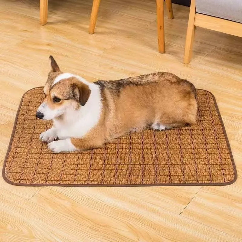 Brown rattan fibre summer cooling mat for dogs on wooden floor