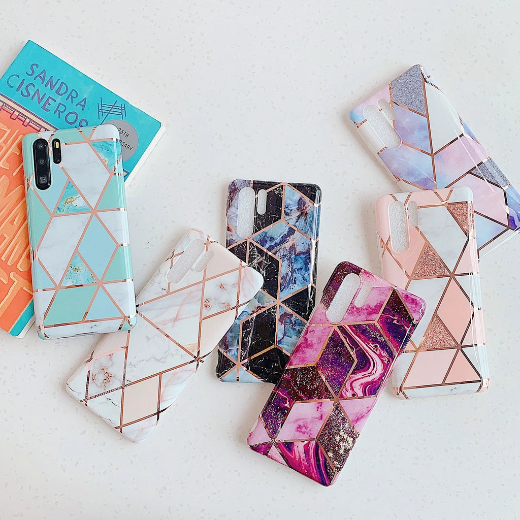 Electroplated marble design TPU phone case for Huawei and Samsung phones in multiple colour options