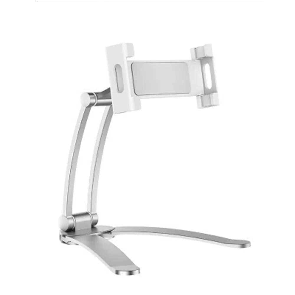 Silver aluminium alloy desktop tablet stand with adjustable white mount holding a tablet
