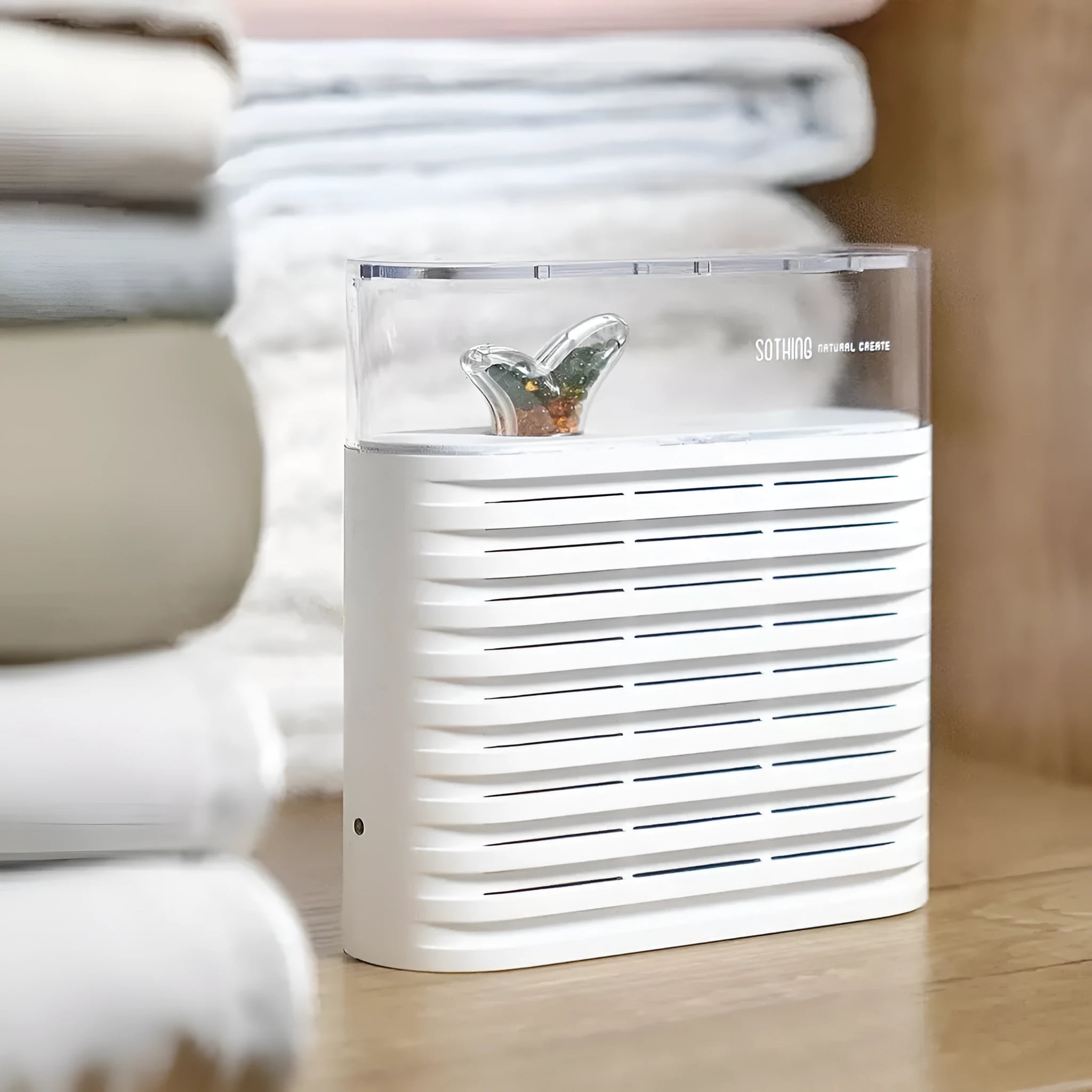 White recyclable cabinet dehumidification box with transparent top showing colour-change beads