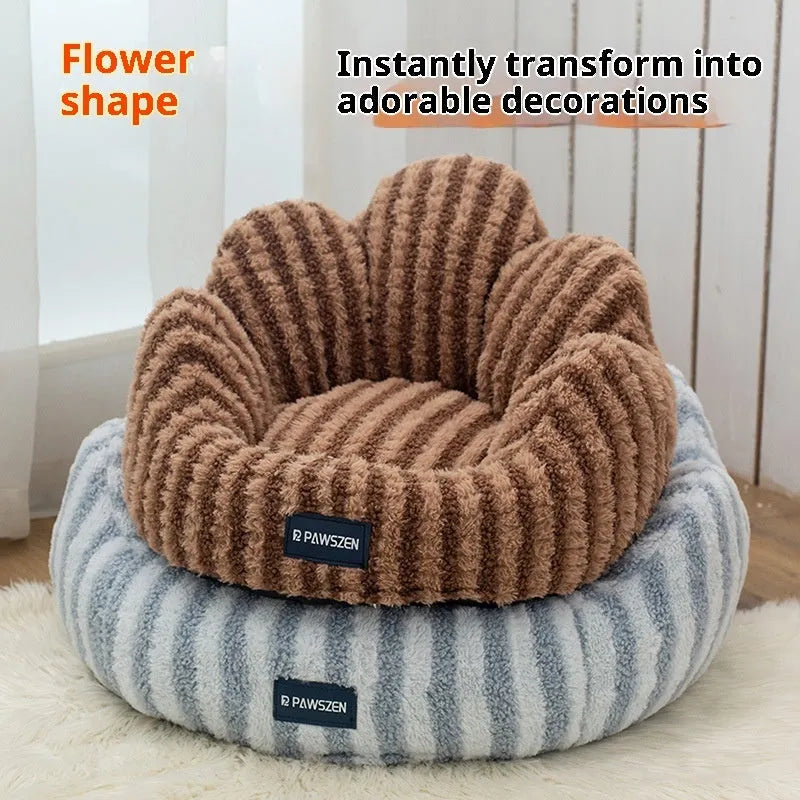 Petal Cat Nest Thickened Large Warm Kennel Cloth Pet Bed with Striped Flower Design in Light Blue and Coffee for Cats Indoor Use Small Medium Large Sizes Cushion Cage Accessory