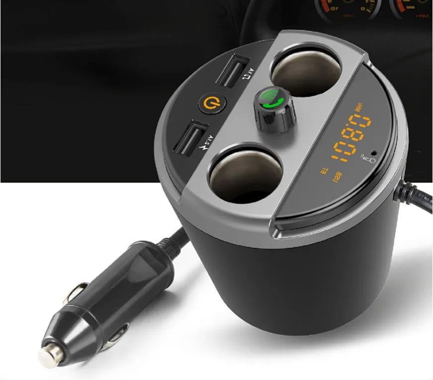 Car Bluetooth MP3 player FM transmitter with dual USB charger in cup holder design available in black grey gold