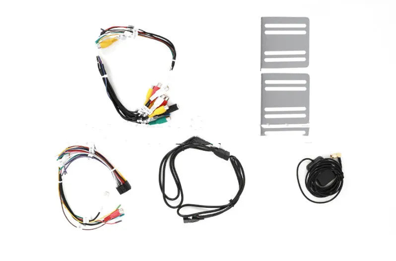 Black 10.1 inch Android car stereo touchscreen head unit with GPS antenna and connection cables