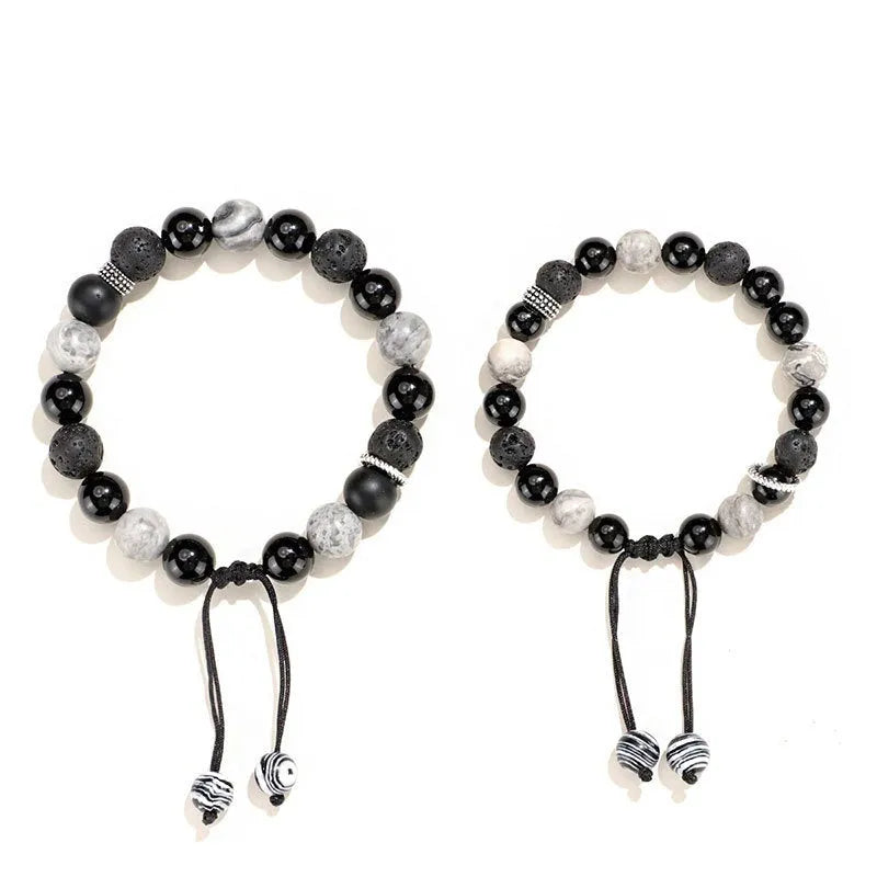 Black agate map stone volcanic rock bracelet with diamond shape elements, 10mm and 8mm sizes