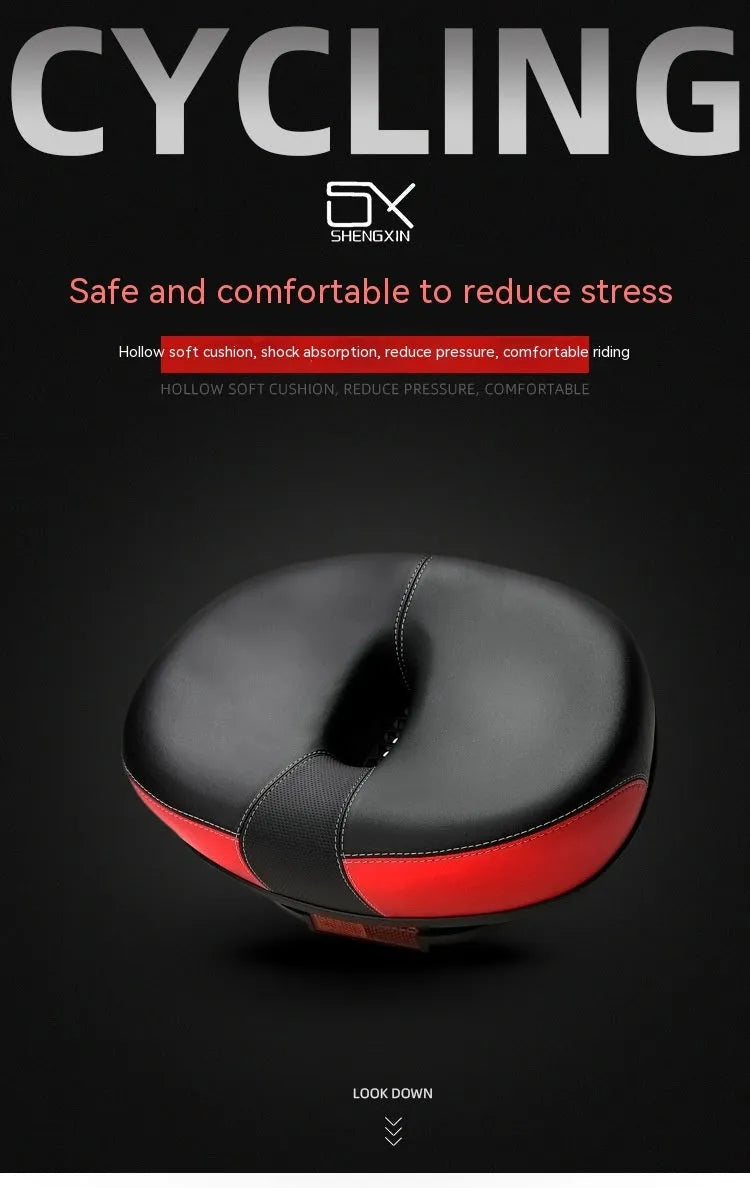 Thickened bicycle saddle in red with 210x270mm dimensions and reflective details
