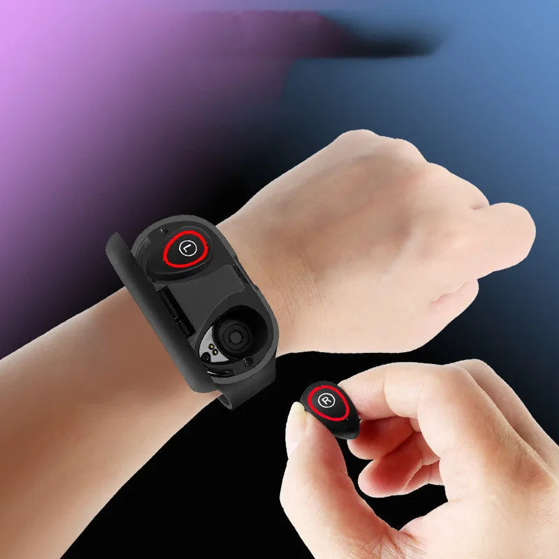 Blue smart bracelet with Bluetooth earphone combo showing 1-inch screen on silicone wristband