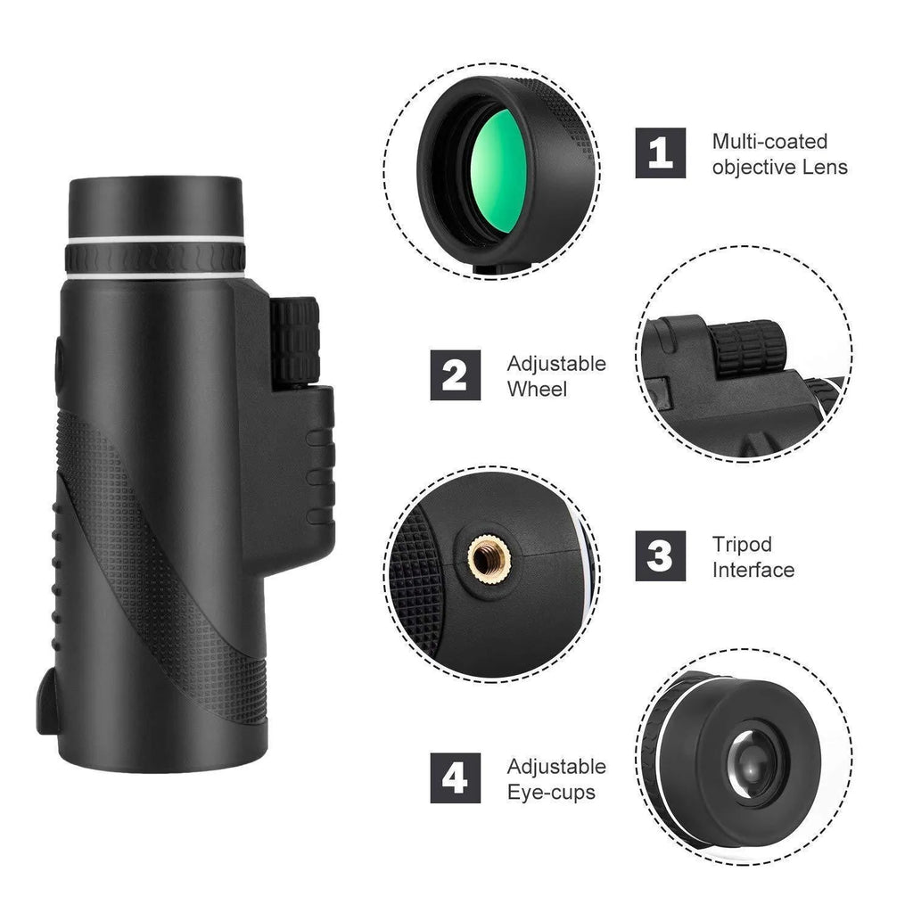 Black HD 40x60 monocular telescope showing 60mm objective lens and compact body design.