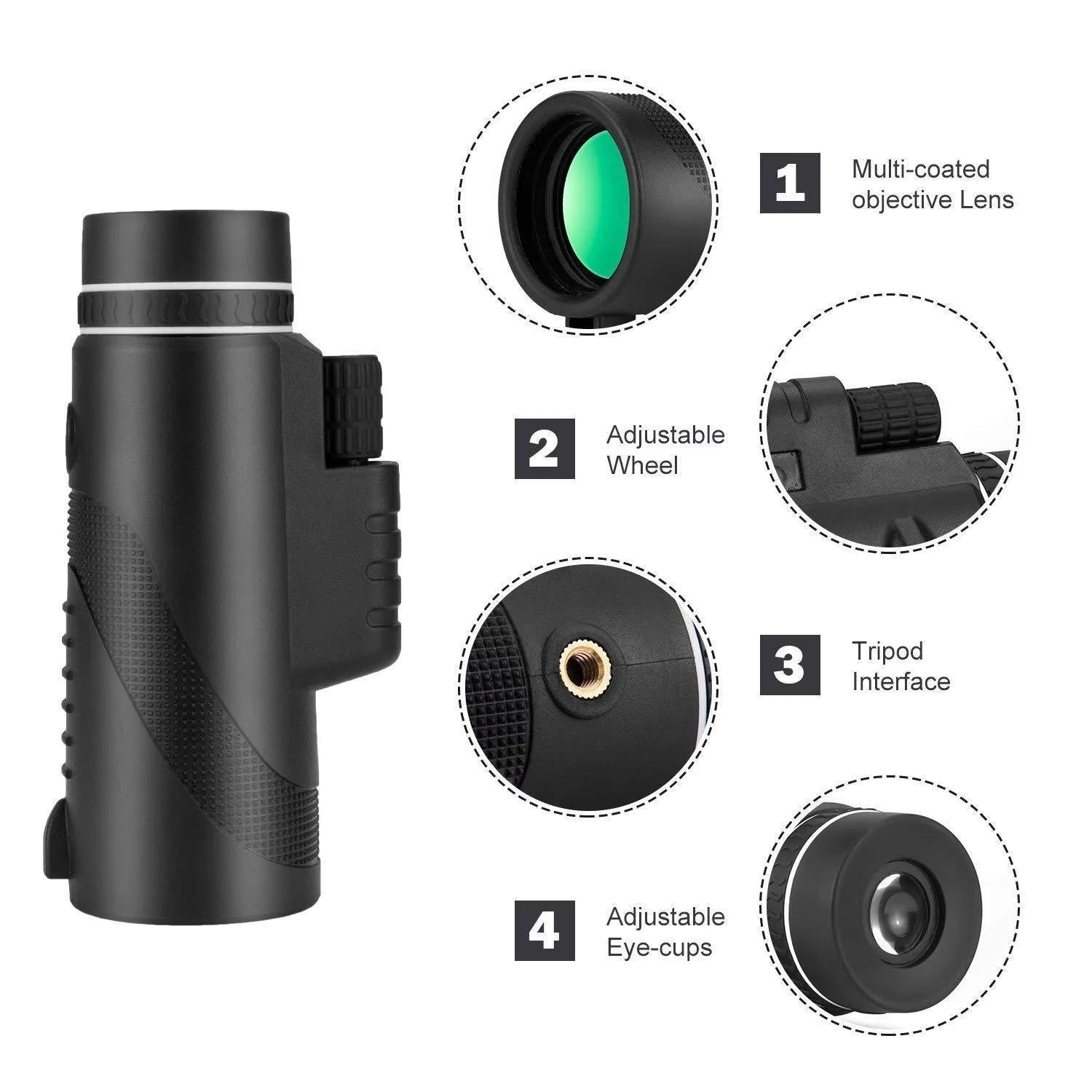 Black HD 40x60 monocular telescope showing 60mm objective lens and compact body design.