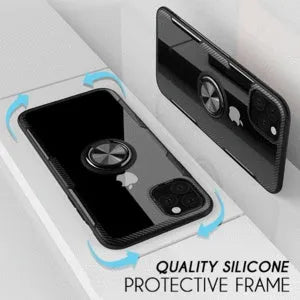 Black PU back cover case for iPhone 11 Pro Max on a dark background