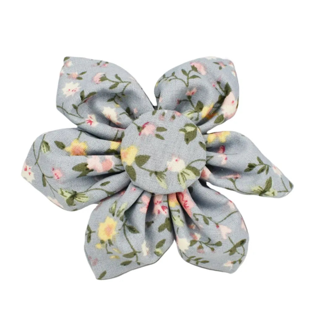 Blue floral polyester cotton dog collar set with leash, bow, vest and poop bag accessories