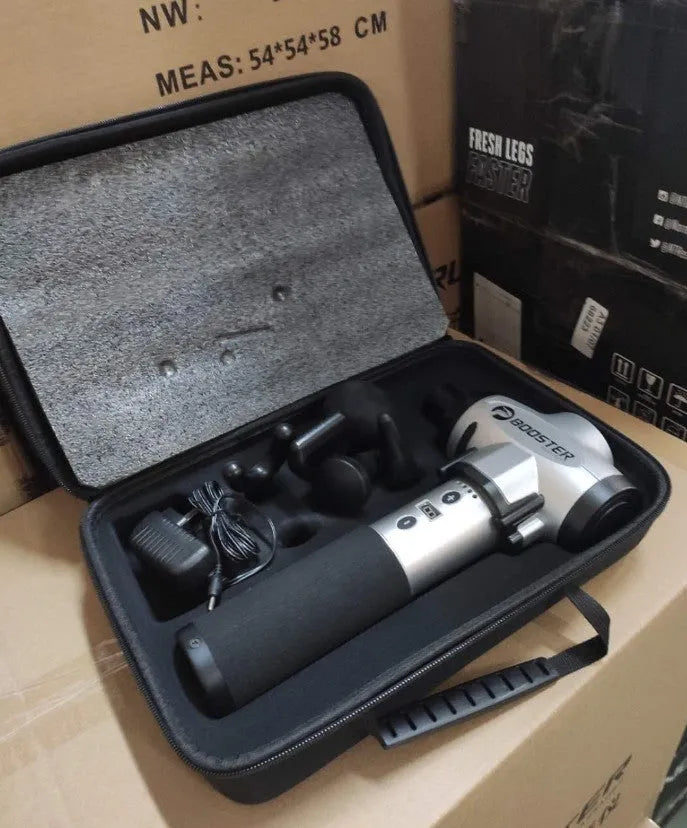 Black and white cordless electric massage gun for muscle relaxation.