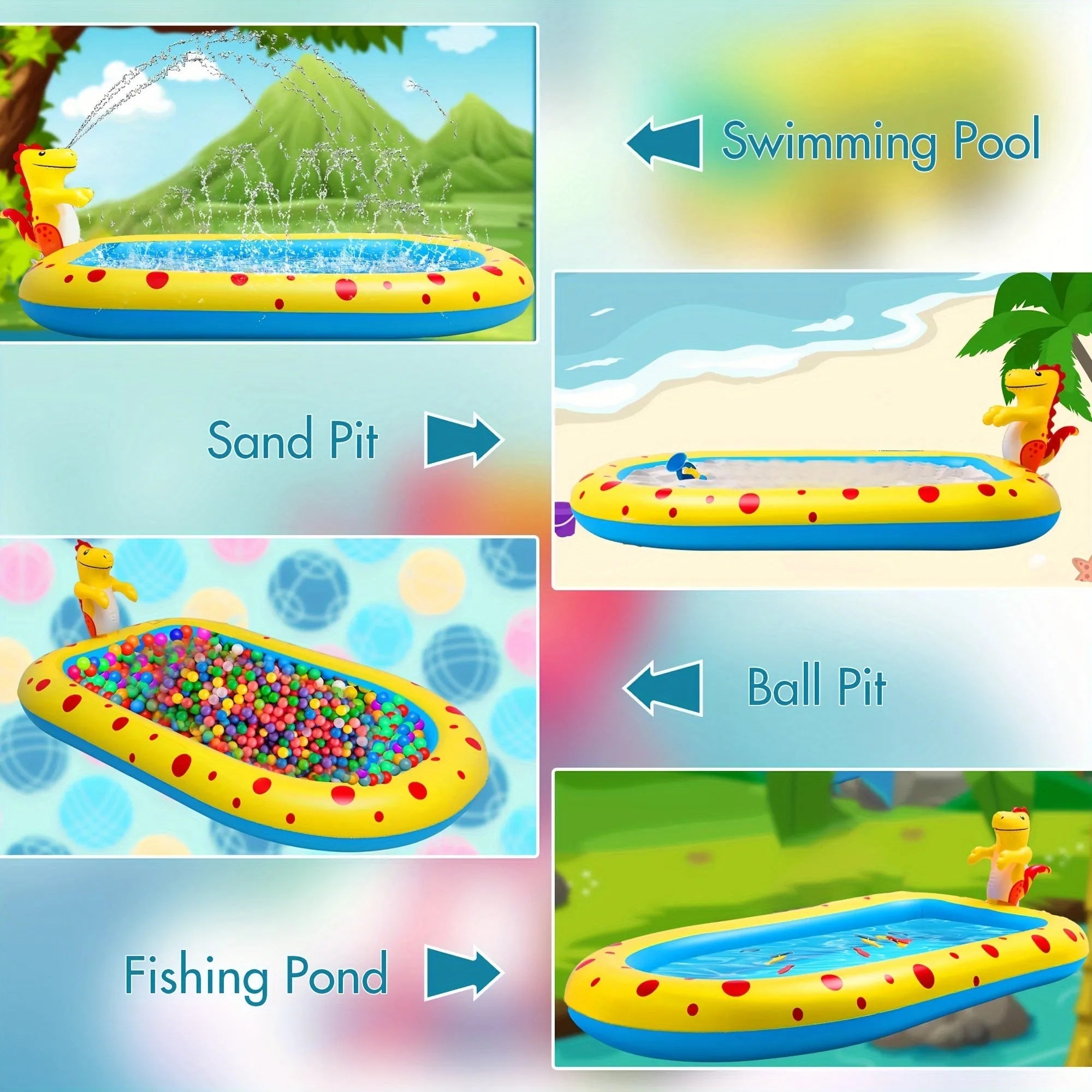Blue inflatable dinosaur water spray pool with spray toys measuring 170cm long for outdoor play