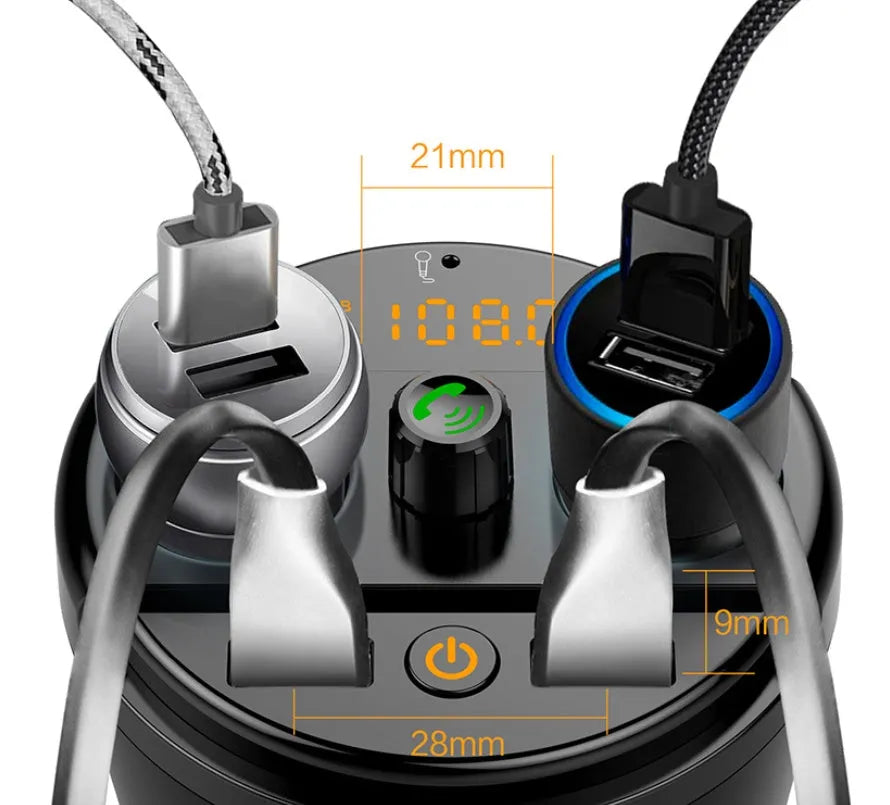 Car Bluetooth MP3 player FM transmitter with dual USB charger in cup holder design available in black grey gold