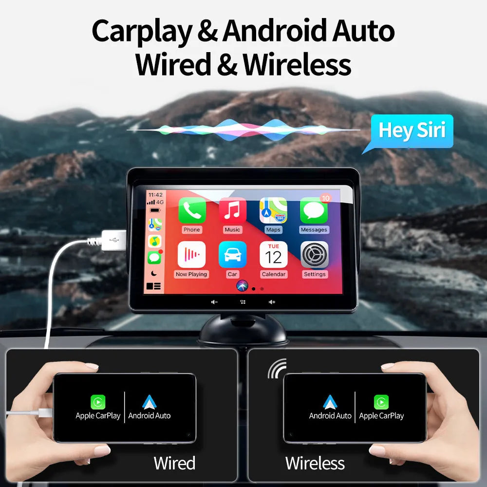 7-inch car wireless CarPlay display with suction cup mount and cigarette lighter power interface
