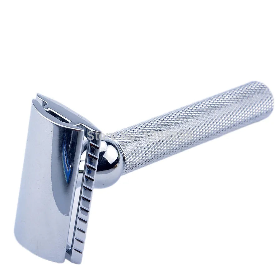CSB men's shaving set with badger hair brush, chrome safety razor, stand, bowl, and blades in a black box.