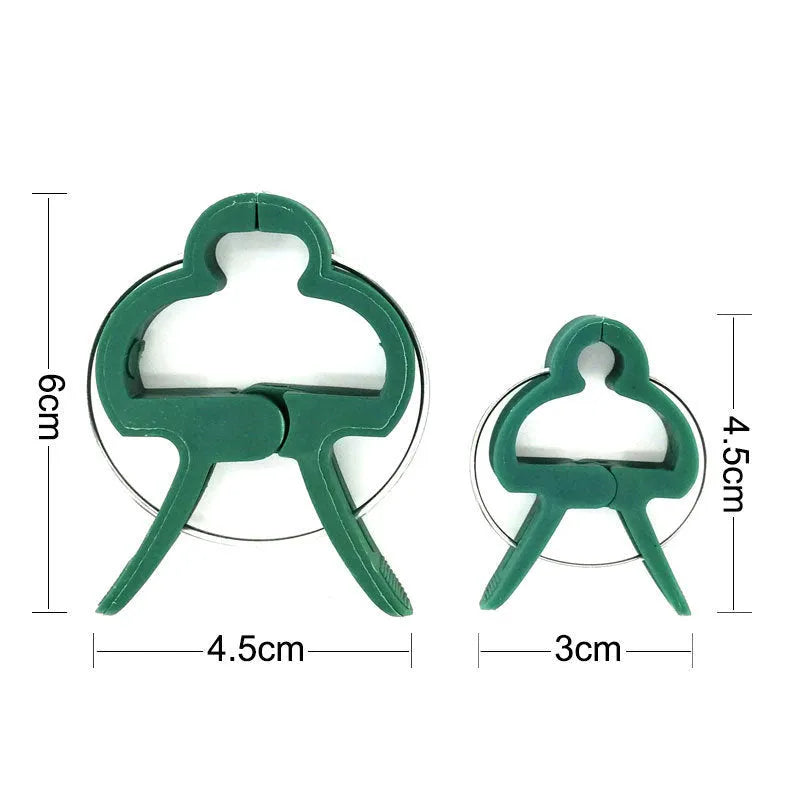 Green plastic and zinc plant fixing clips, showing large and small sizes for garden vine and tomato support.