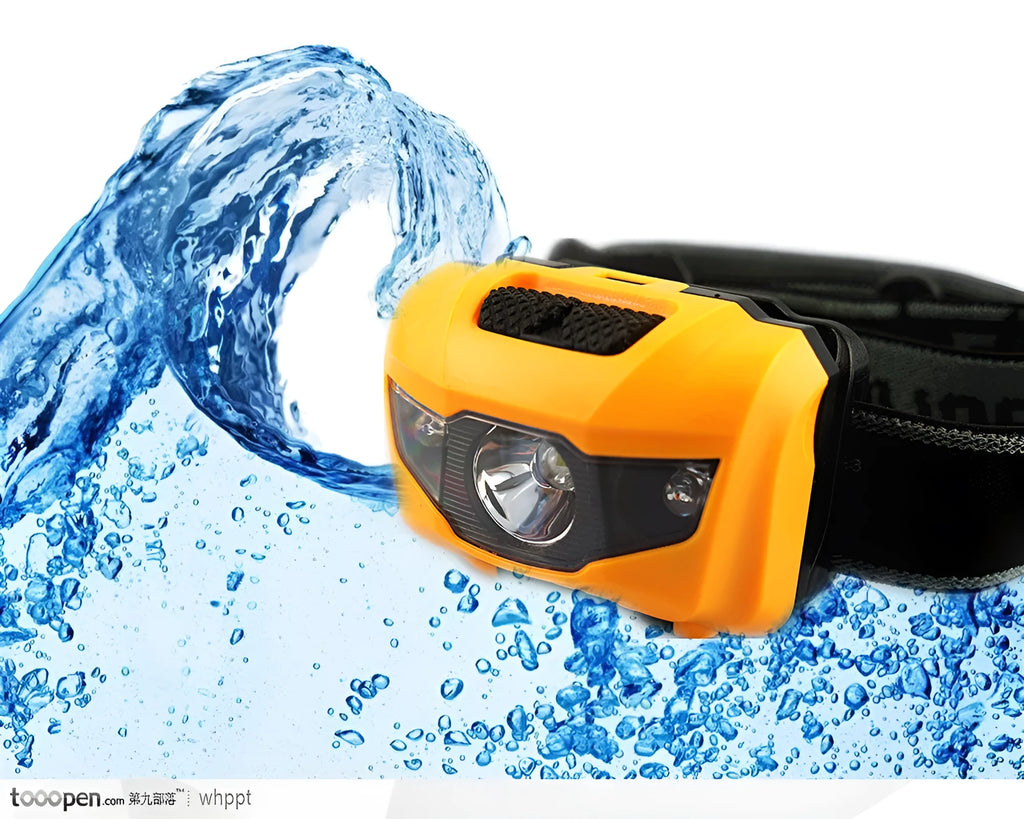 Head torch with adjustable strap showing white and red LED lights, waterproof housing