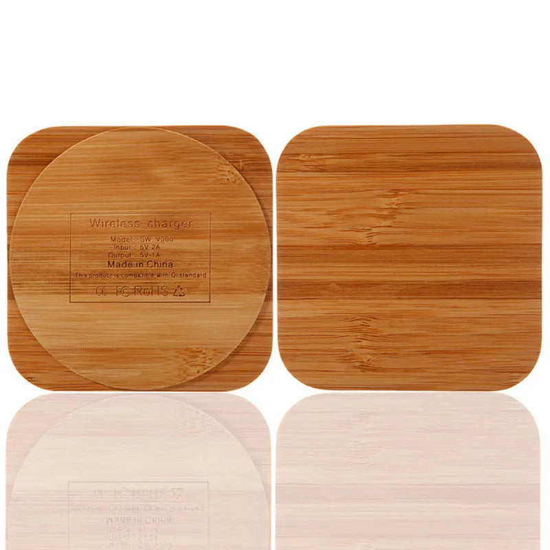 Square brown bamboo wood 5W Qi wireless charger with red and green LED lights