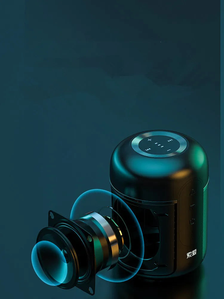 Black portable Bluetooth speaker with compact plastic cabinet, showing front speaker grille and control panel.
