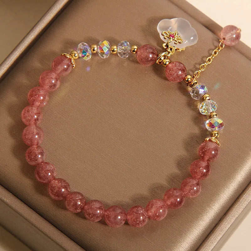 Women's strawberry quartz and white agate crystal bracelet with auspicious cloud charms
