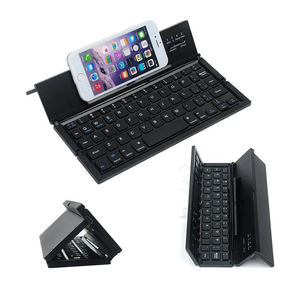 Black mini folding wireless Bluetooth keyboard for tablets with wrist support and aluminium bottom