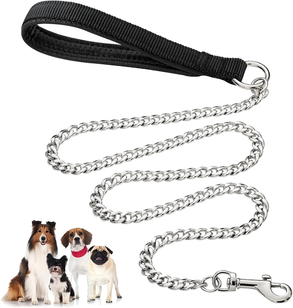 Heavy-duty black metal chain dog leash with a soft blue padded handle, shown attached to a dog collar.