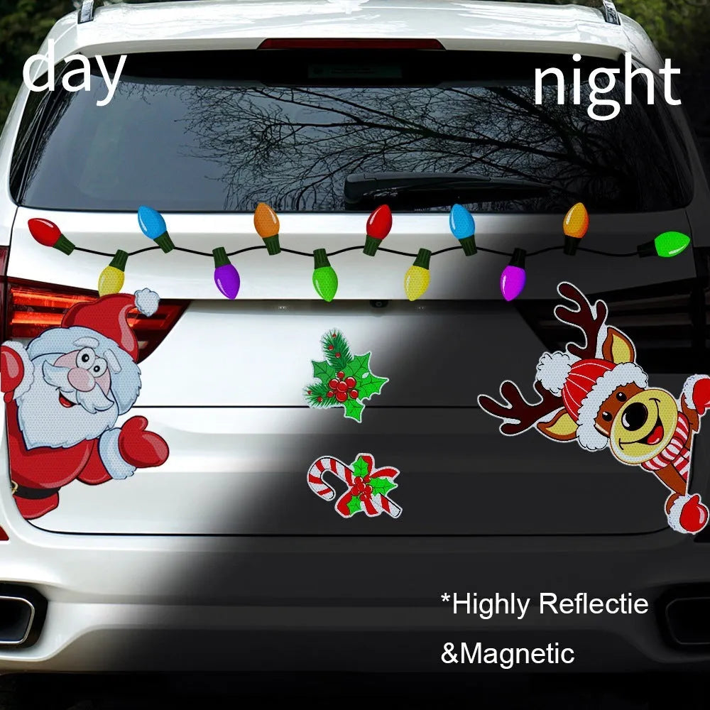 Christmas elk cartoon design reflective magnetic sticker on a metal surface.