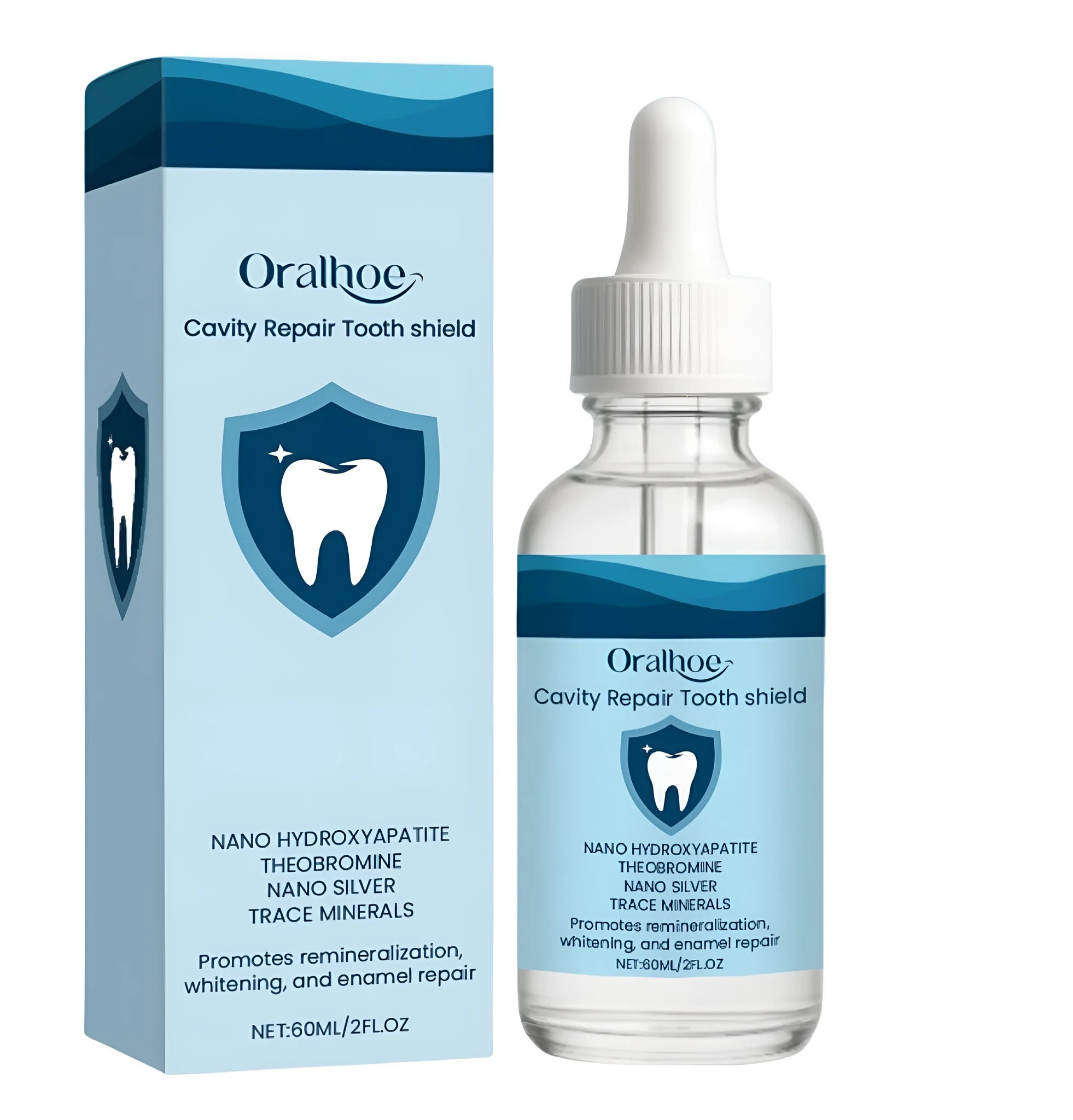 60ml bottle of dental restorative fluid with hydroxyapatite and theobromine formulation
